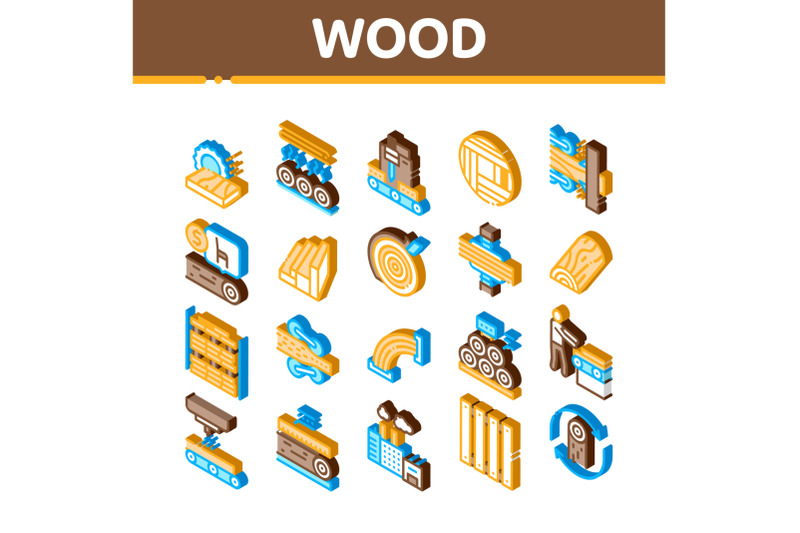 wood-production-plant-isometric-icons-set-vector