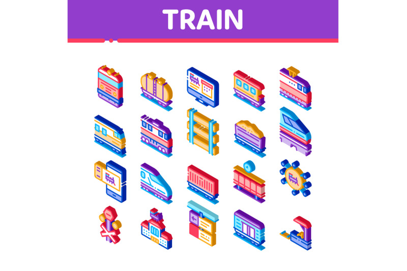 train-rail-transport-isometric-icons-set-vector