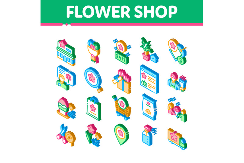 flower-shop-boutique-isometric-icons-set-vector