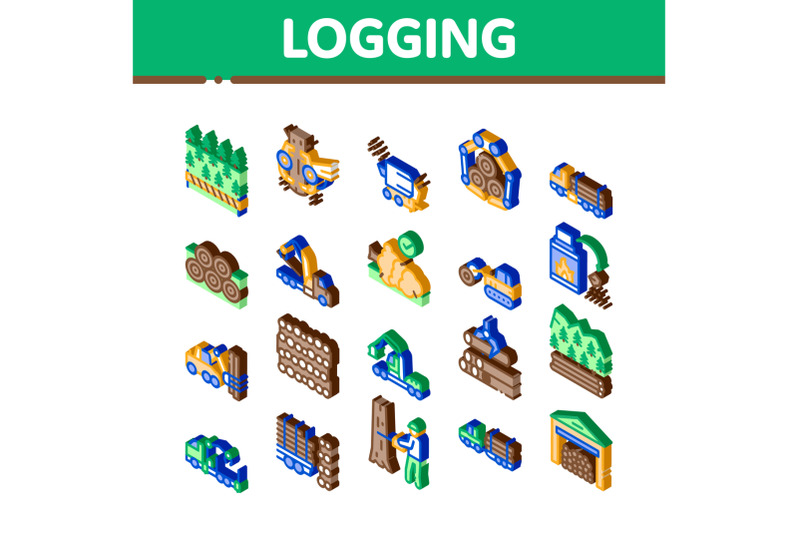 wood-logging-industry-isometric-icons-set-vector