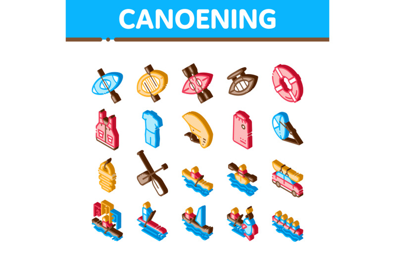 canoeing-isometric-elements-icons-set-vector