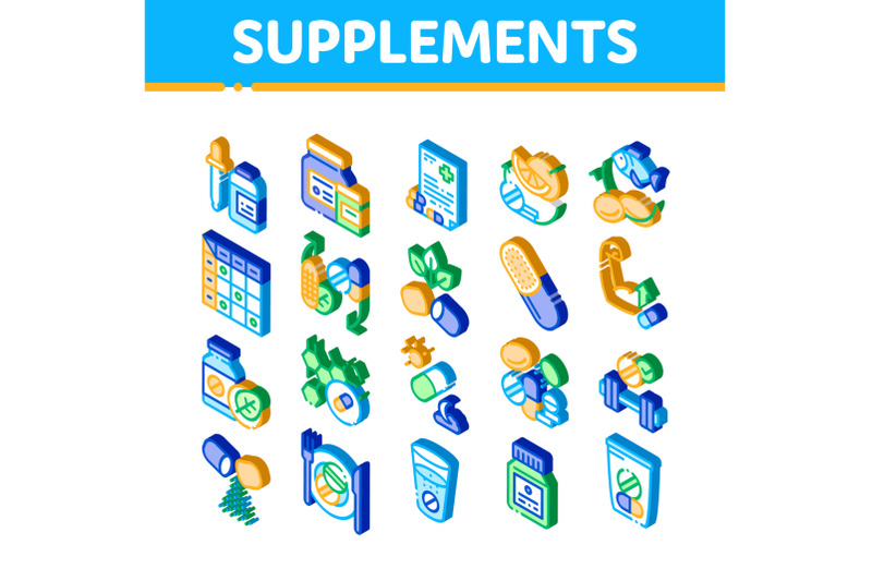 supplements-isometric-elements-icons-set-vector