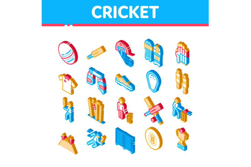 cricket-game-isometric-elements-icons-set-vector