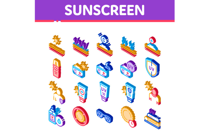 sunscreen-isometric-elements-icons-set-vector