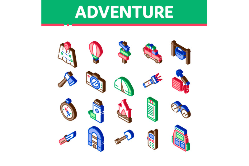 adventure-isometric-elements-icons-set-vector