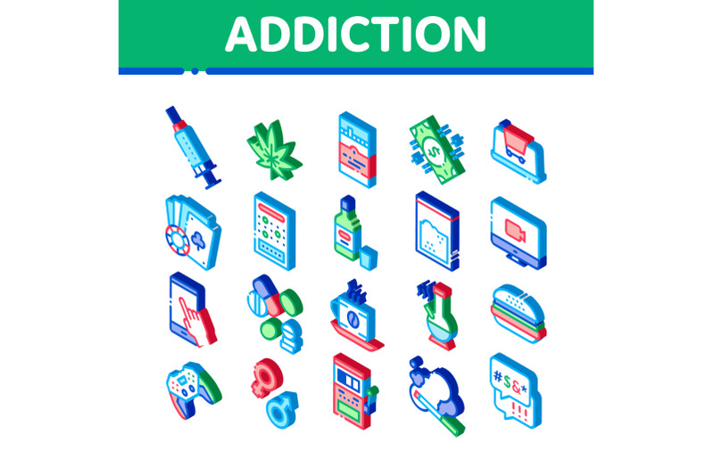 addiction-bad-habits-isometric-icons-set-vector