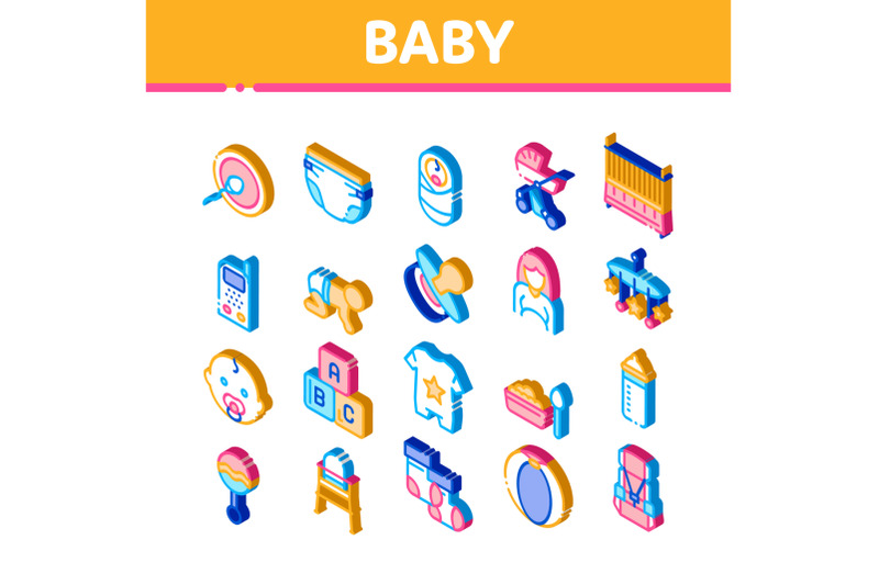 baby-clothes-and-tools-isometric-icons-set-vector