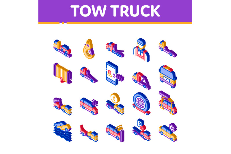 tow-truck-transport-isometric-icons-set-vector