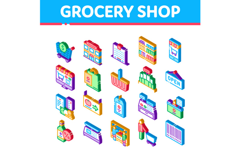 grocery-shop-shopping-isometric-icons-set-vector