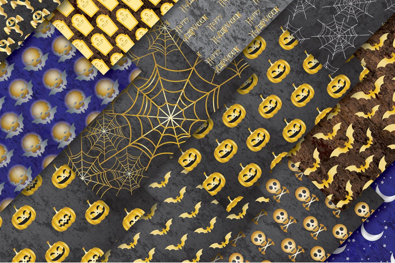 halloween-digital-papers-pumpkin-pattern-skulls-bats-gravestones