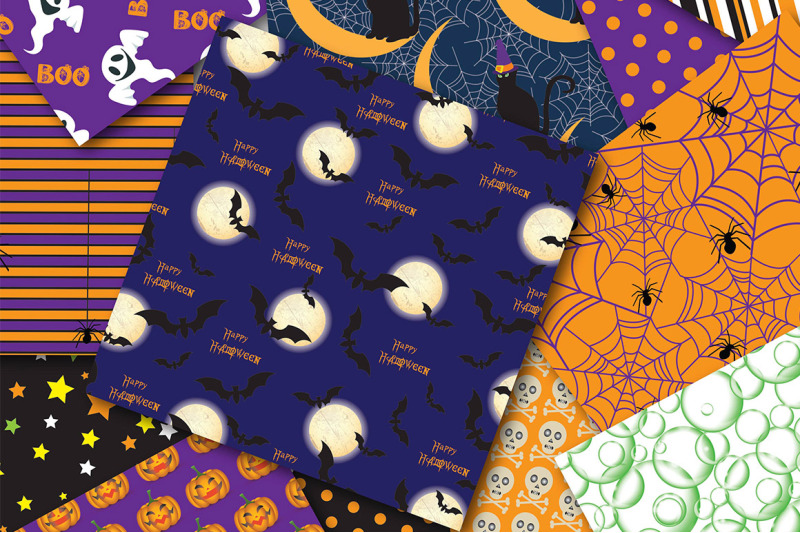 halloween-digital-papers-pumpkins-skulls-bats-spider-web-pattern