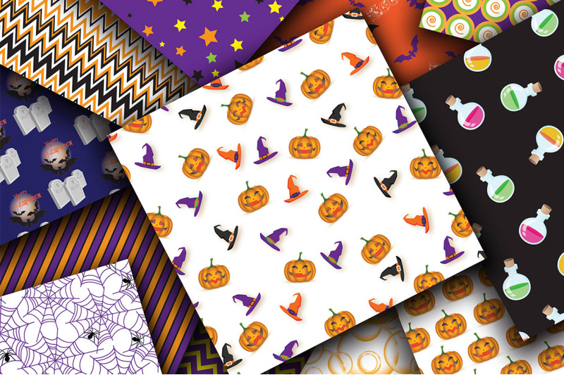 halloween-digital-papers-pumpkins-witch-hats-bats-spider-web-witc