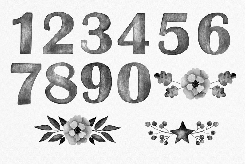 black-watercolor-numbers-clipart-numbers-and-flowers-graphics