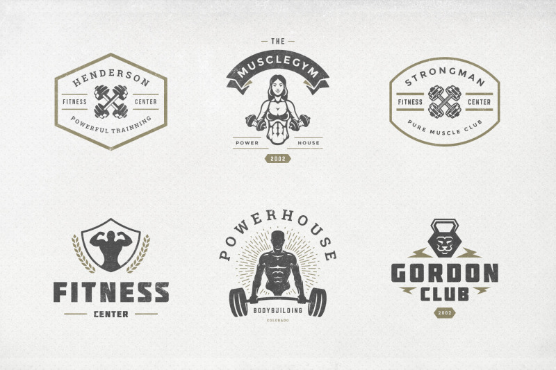 retro-fitness-amp-gym-logos-set