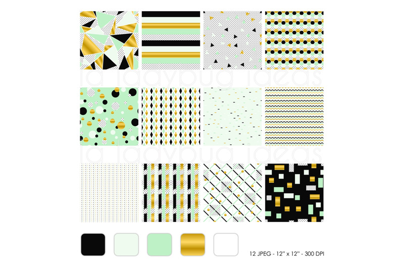 golden-black-mint-green-seamless-patterns-digital-papers