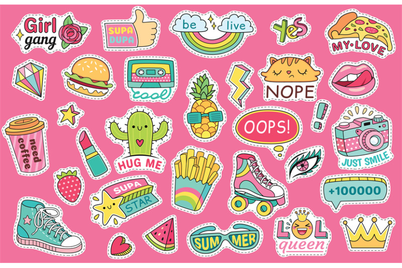 fashioned-girl-badges-stickers-with-rainbow-and-burger-sneaker-and-g