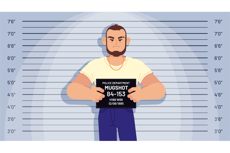 Cartoon arrested gangster mugshot. Arrested criminal holds board for i