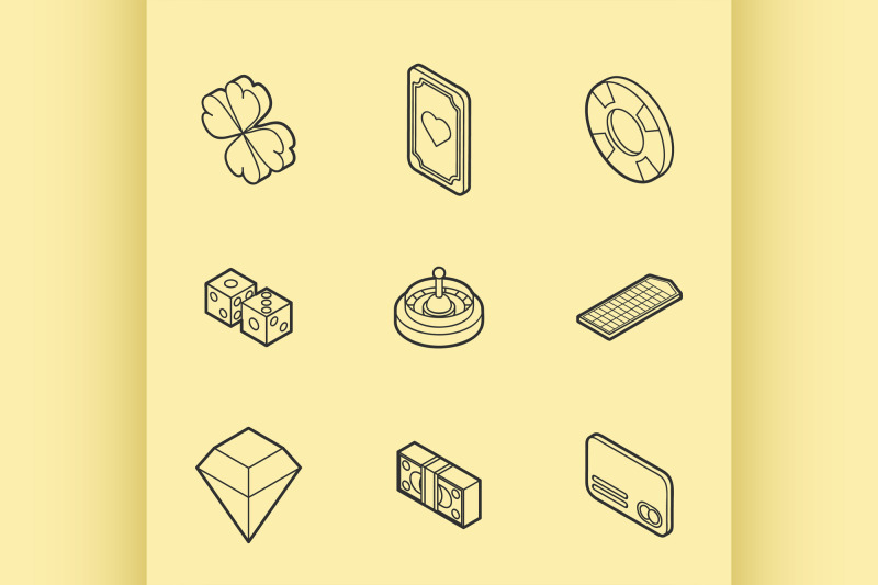 casino-flat-outline-isometric-set