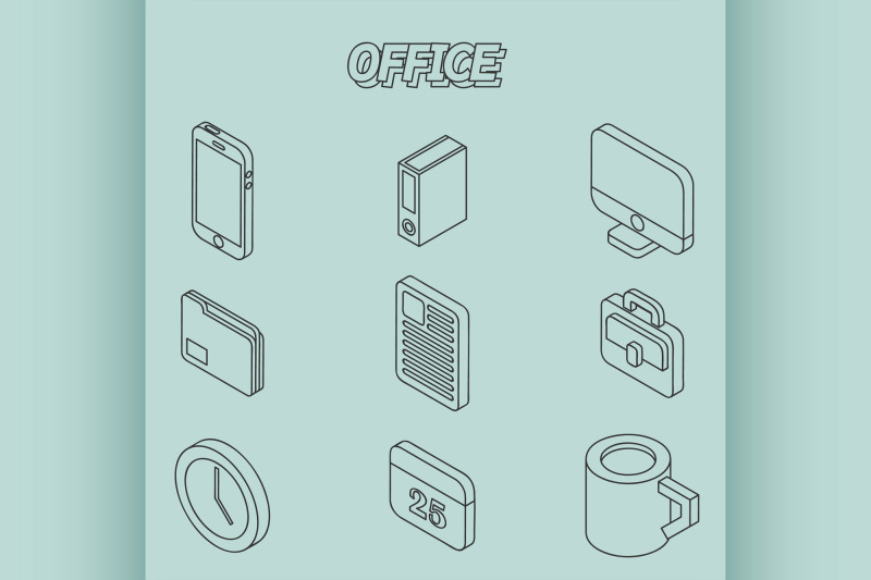 office-flat-outline-isometric-set