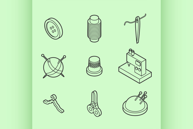 sewing-flat-outline-isometric-icons