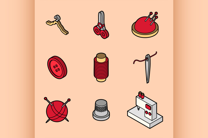 sewing-flat-outline-isometric-icons