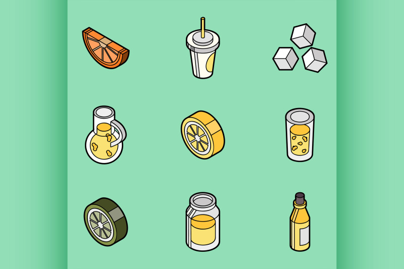 lemonade-flat-outline-isometric-set