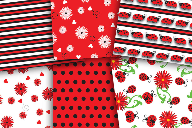 ladybug-set-digital-paper-ladybug-paper-flowers-ladybugs-stripe-s