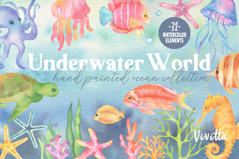 underwater-world-watercolor-ocean-sea-fish-jellyfish-turtle-coral