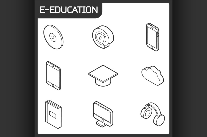 e-education-outline-isometric-icons-set