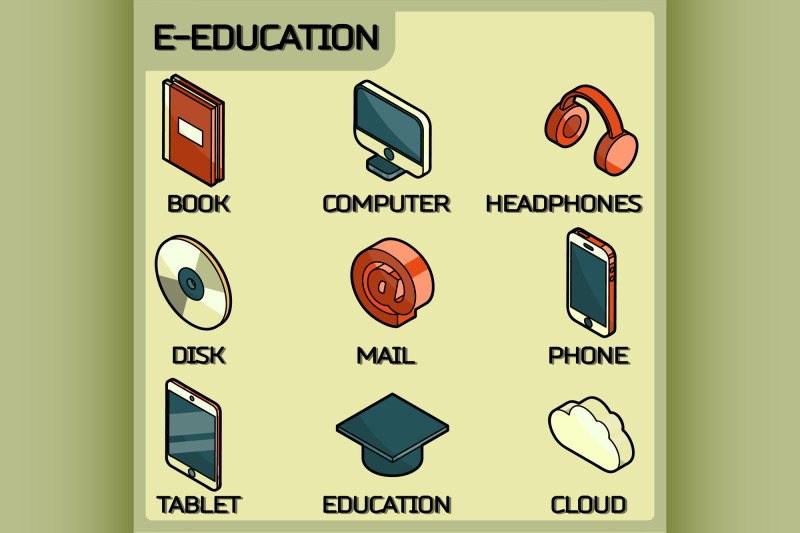 e-education-color-outline-isometric-icons-set