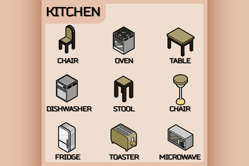 kitchen-color-outline-isometric-icons-set