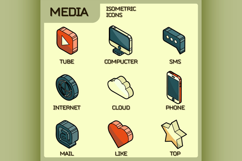 media-color-outline-isometric-icons-set