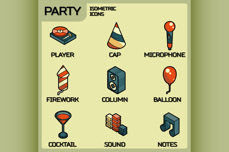 party-color-outline-isometric-icons-set