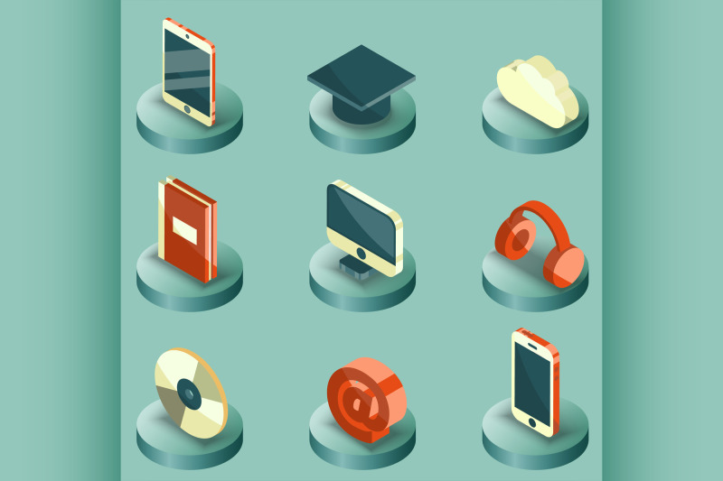 e-education-color-isometric-icons-set