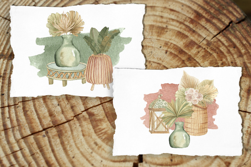 boho-indoor-plants-watercolor-clipart-dried-tropical-flowers-bouquets