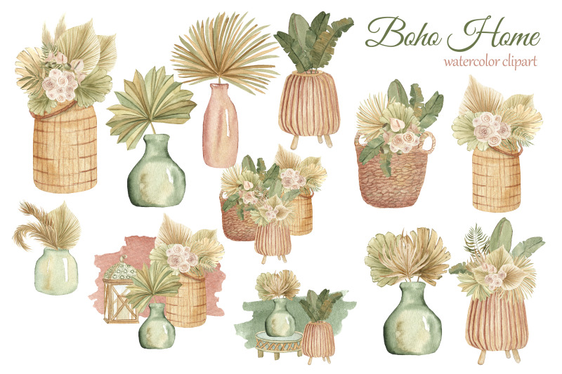 boho-indoor-plants-watercolor-clipart-dried-tropical-flowers-bouquets