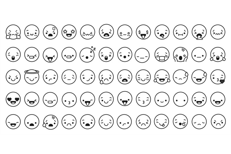 Face expressions icons. Line kawaii face expression japanese anime cha