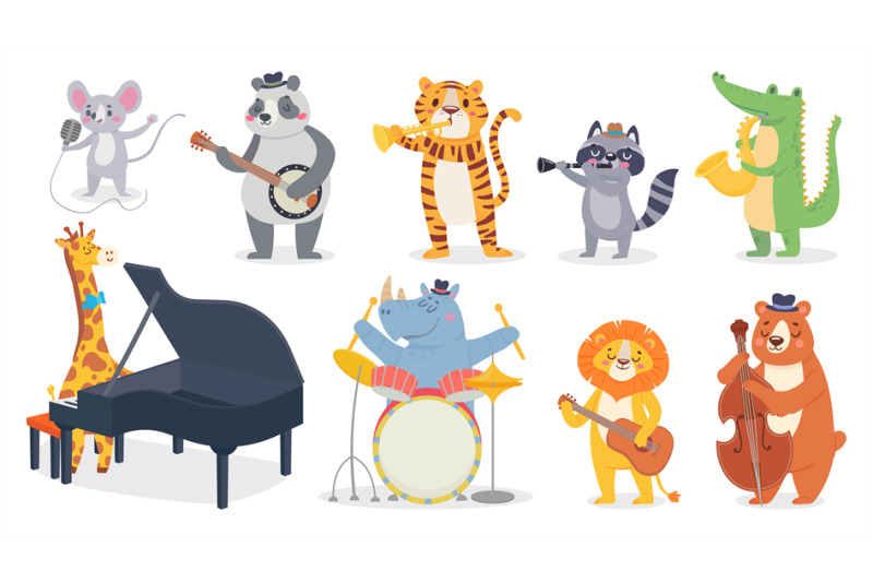 Cartoon animals with music instruments. Giraffe play piano, cute panda