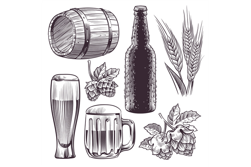 hand-drawn-beer-mug-barrel-and-beer-glass-and-bottle-wheat-or-malt