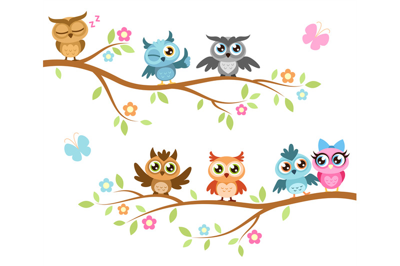 owls-on-a-branch-colorful-cute-friends-owls-sitting-on-branches-joyf