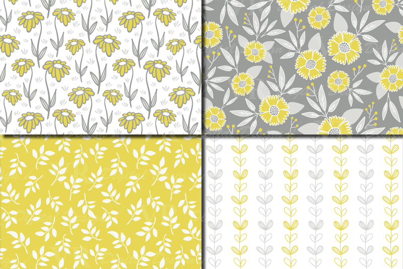 yellow-and-gray-floral-seamless-patterns-digital-paper