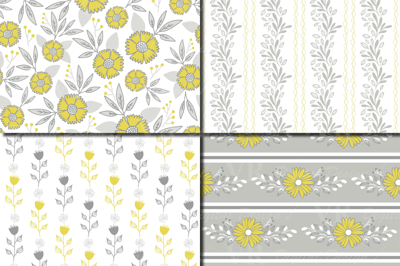 yellow-and-gray-floral-seamless-patterns-digital-paper