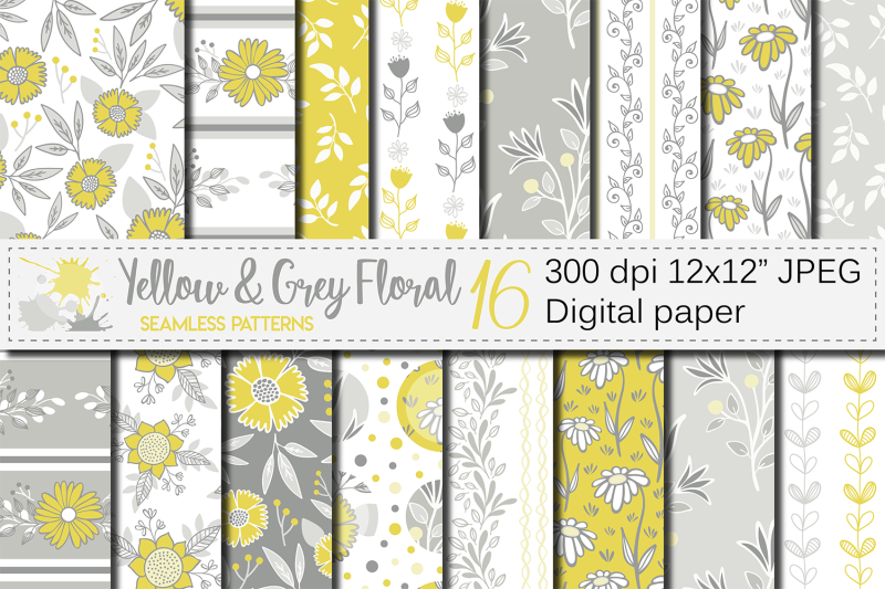 yellow-and-gray-floral-seamless-patterns-digital-paper