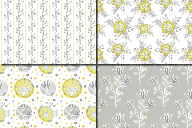 yellow-and-gray-floral-seamless-patterns-digital-paper