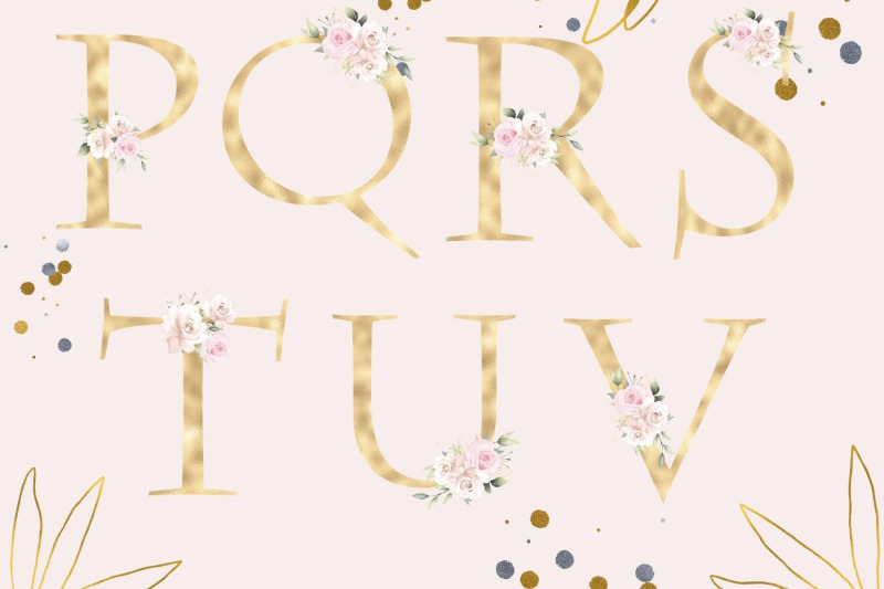 gold-foil-alphabet-with-pink-roses-floral-alphabet-clipart-rose-wedding-alphabet