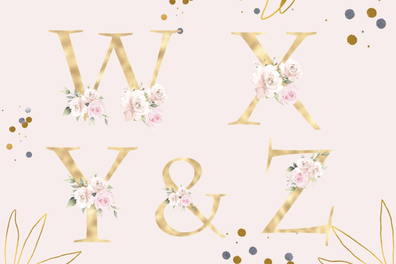 gold-foil-alphabet-with-pink-roses-floral-alphabet-clipart-rose-wedding-alphabet