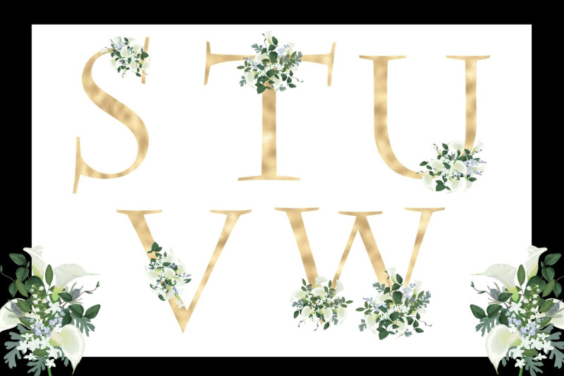 gold-foil-alphabet-with-white-lilies-floral-alphabet-clipart-gold-wedding-alphabet