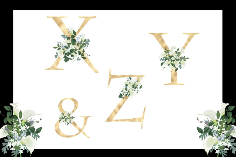 gold-foil-alphabet-with-white-lilies-floral-alphabet-clipart-gold-wedding-alphabet