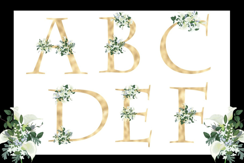 gold-foil-alphabet-with-white-lilies-floral-alphabet-clipart-gold-wedding-alphabet