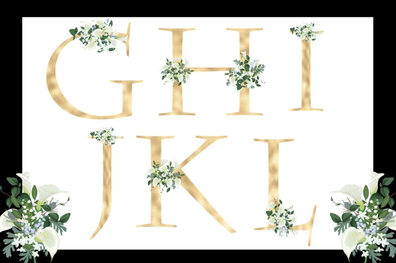 gold-foil-alphabet-with-white-lilies-floral-alphabet-clipart-gold-wedding-alphabet